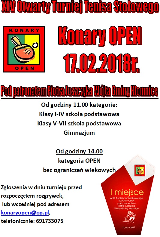 XIV Otwarty Turniej Tenisa Stołowego Konary OPEN